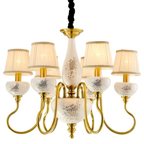 P2322-6A Gold Brass/Iron+Beige fabric shade+ Ceramic Люстра (MODERN LAMP)