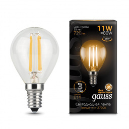 Лампа Gauss Filament Шар 11W 720lm 2700К Е14 LED 1/10/50 (Gauss)